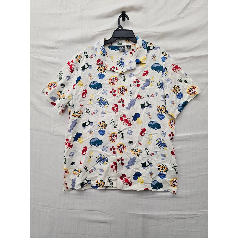 Mad Engine Mens Italian Print Camp Shirt Cream Linen Blend Casual Size XL
